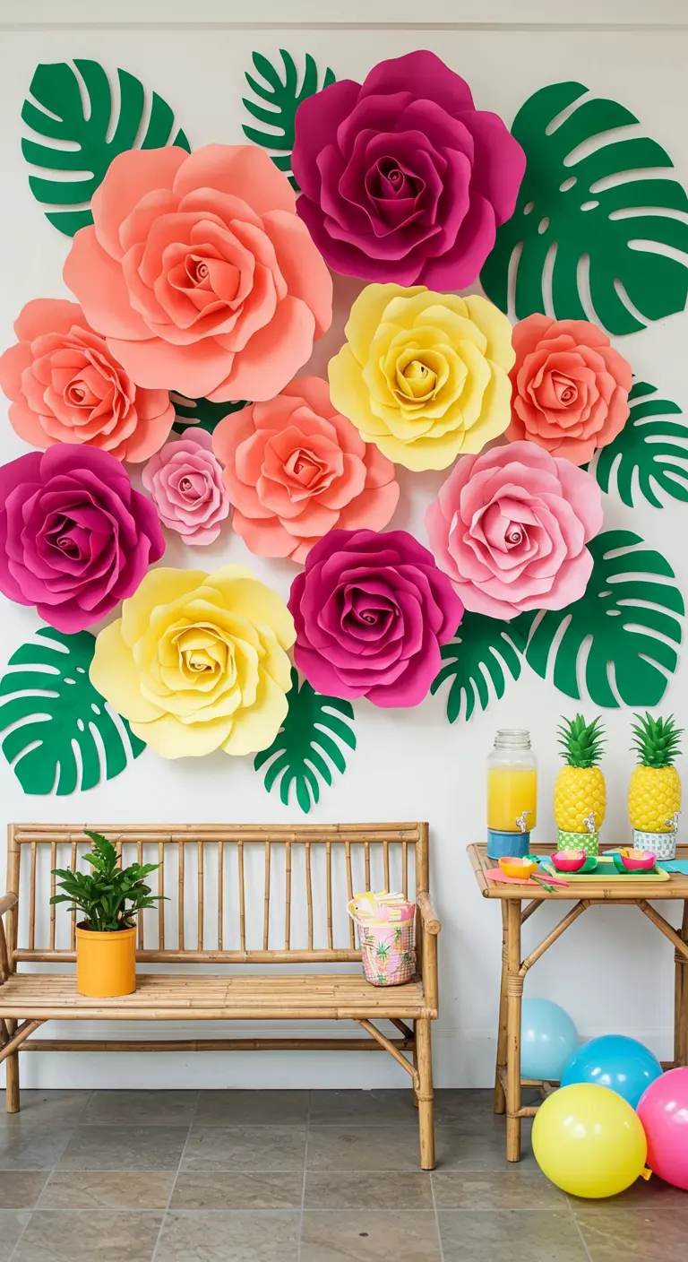 A wall with large, colorful paper roses and green paper monstera leaves.