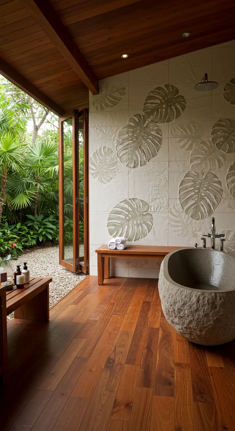 Open-air bathroom with a stone tub and a wall of tiles with raised leaf patterns.