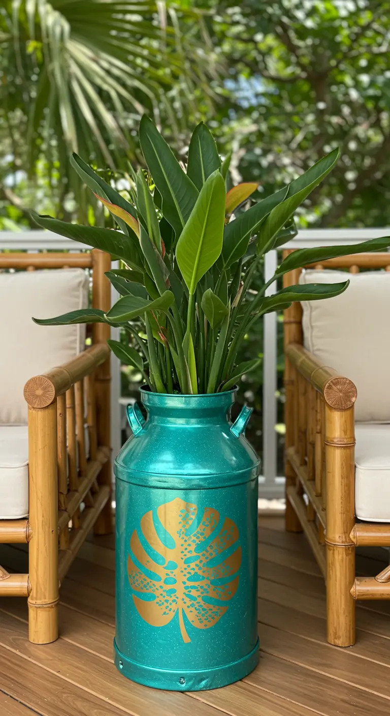 A sparkling teal milk can with a gold monstera leaf stencil holds a large Bird of Paradise plant.