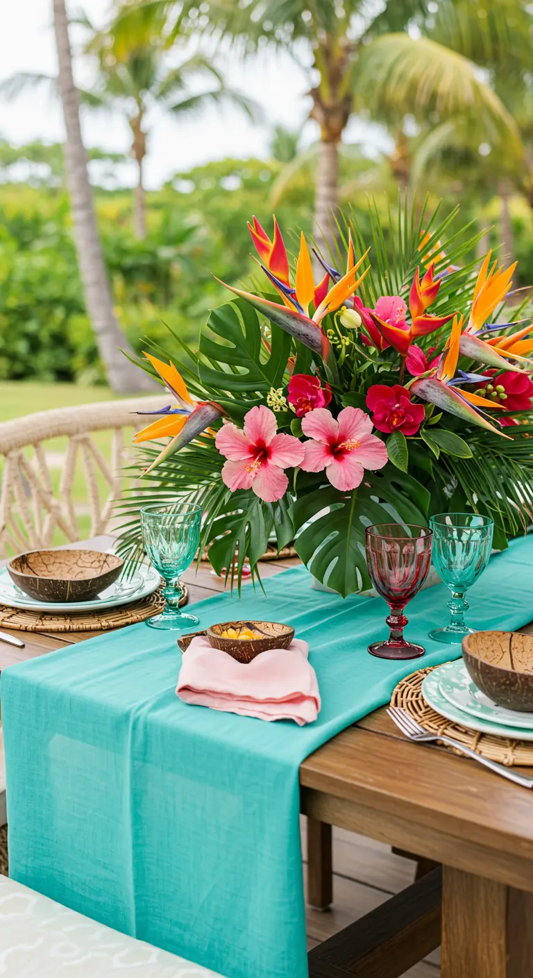 Tropical tablescape with a turquoise runner and a centerpiece of hibiscus and birds of paradise.
