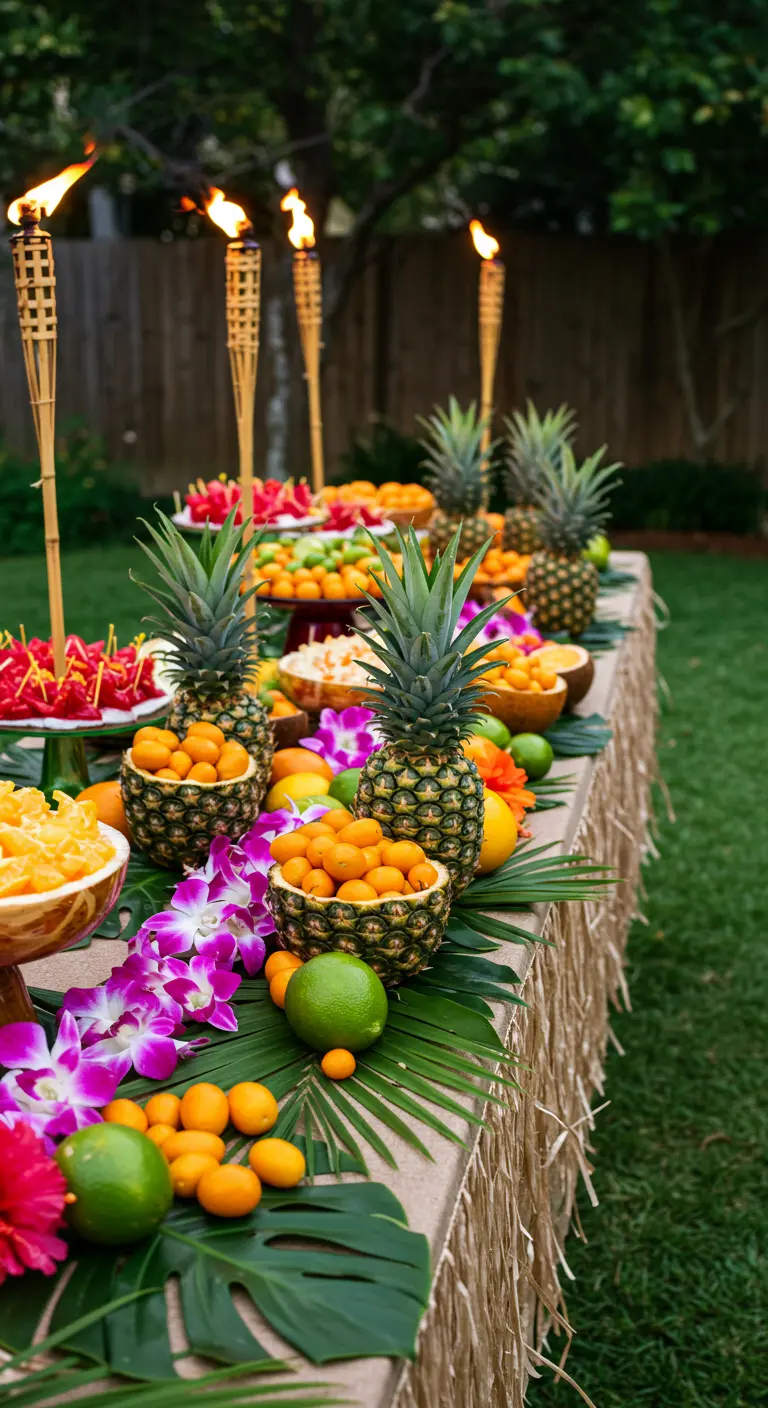 A tiki-themed buffet table with pineapple centerpieces, palm fronds, and a grass skirt.