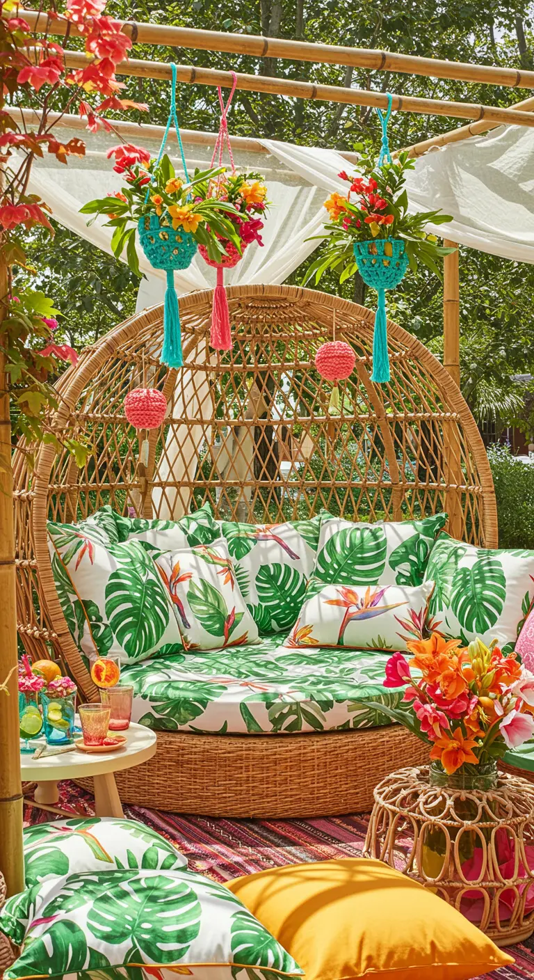 Large round rattan daybed with tropical leaf cushions and colorful macramé.