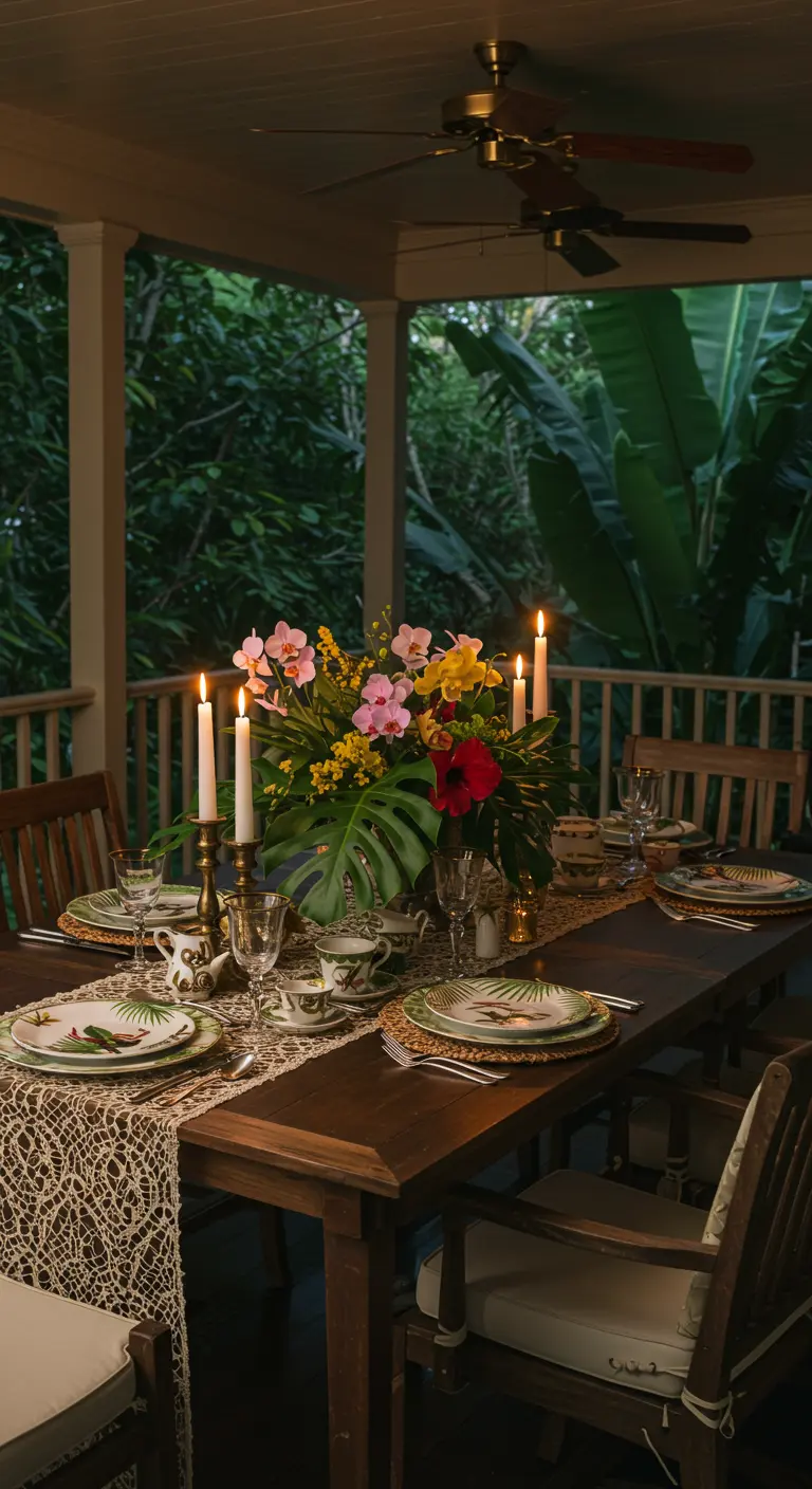 Outdoor dinner table at dusk with a tropical flower centerpiece.