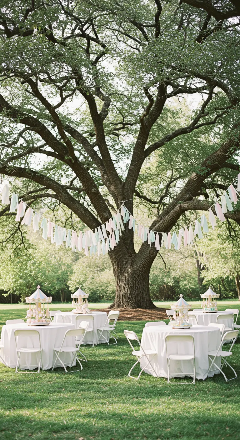 Pastel fabric garland hanging from a large tree over white party tables.