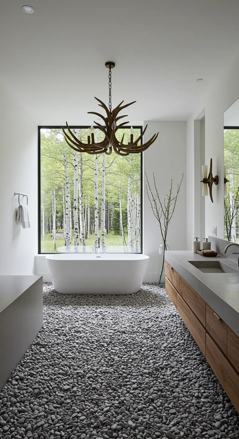 Minimalist bathroom with white walls, a large window, a river pebble floor, and an antler chandelier.