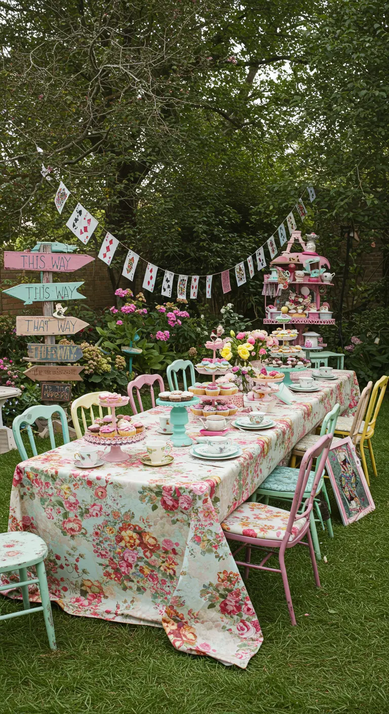 Mad Hatter's tea party table in a garden with whimsical signs and floral decor.