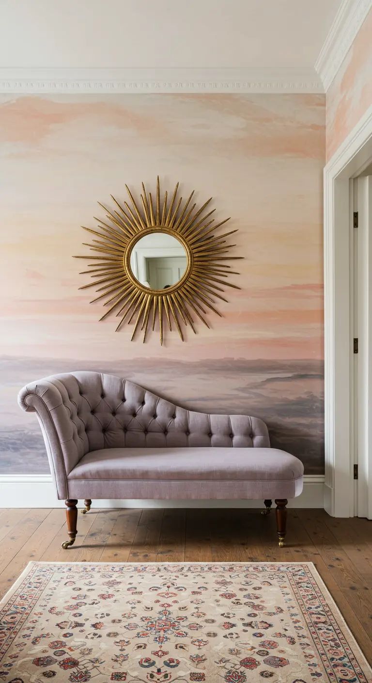 A lavender tufted chaise in a hallway with a sunset mural and a gold sunburst mirror.