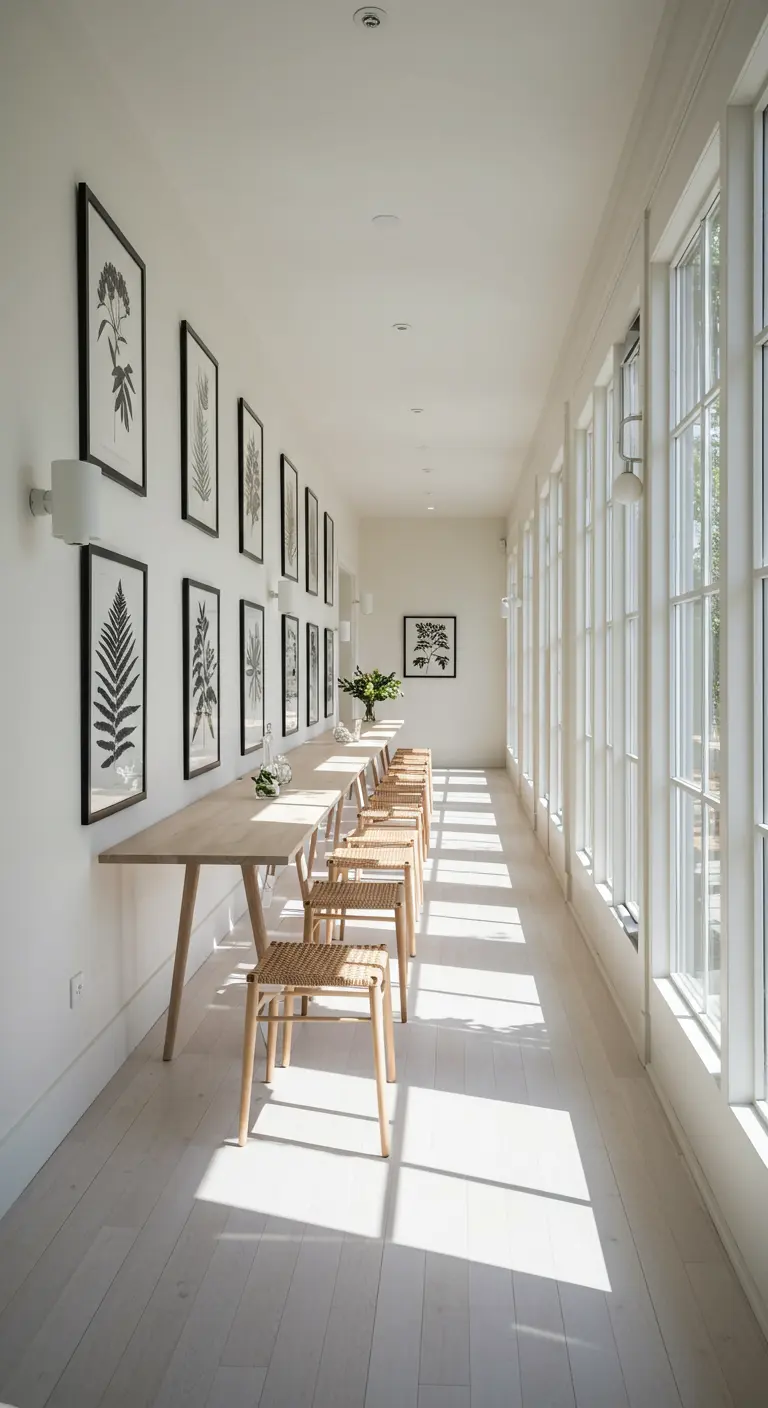 A long, sunlit hallway set up as a dining area with a gallery wall of botanical prints.