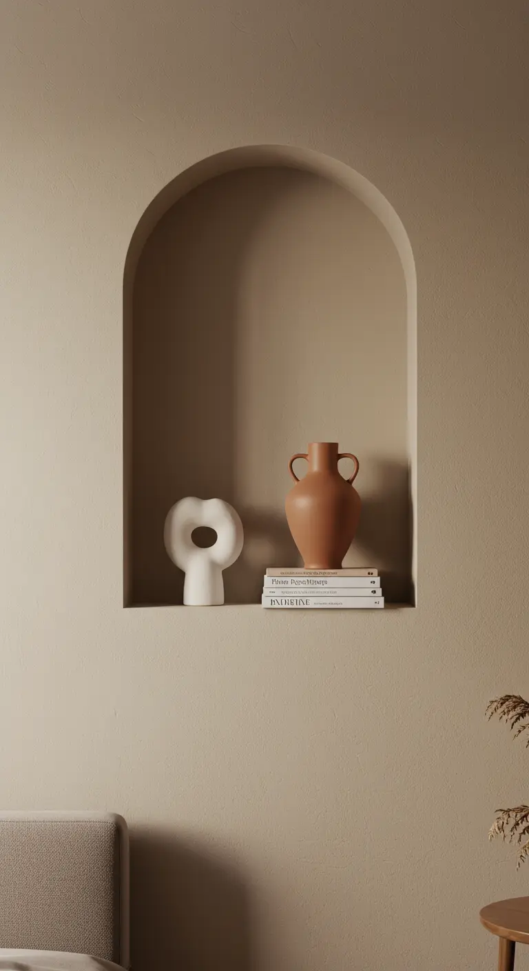 An arched wall niche painted a warm beige, styled with two sculptural vases and books.