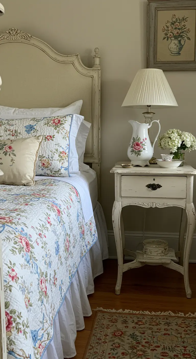 Bedside table with a white ceramic pitcher lamp next to a floral quilt.