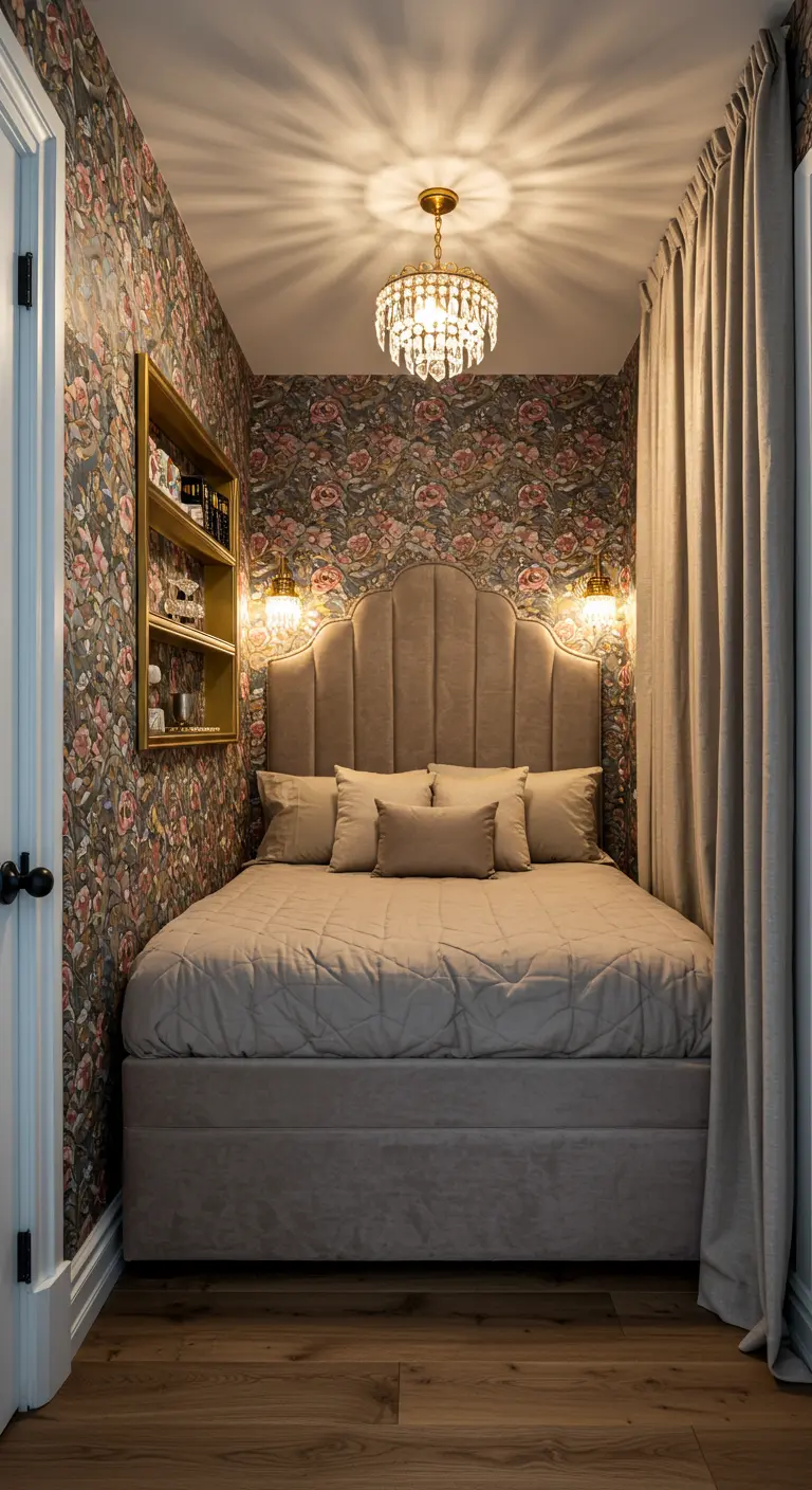 A cozy bed nook with a tufted headboard, surrounded by floral wallpaper.