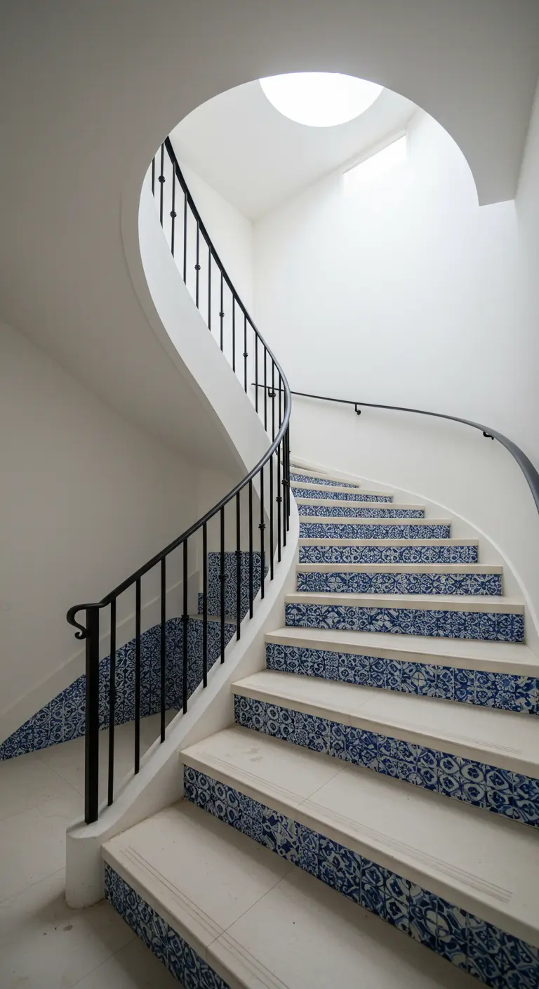 A white spiral staircase with blue and white patterned tile on the risers.