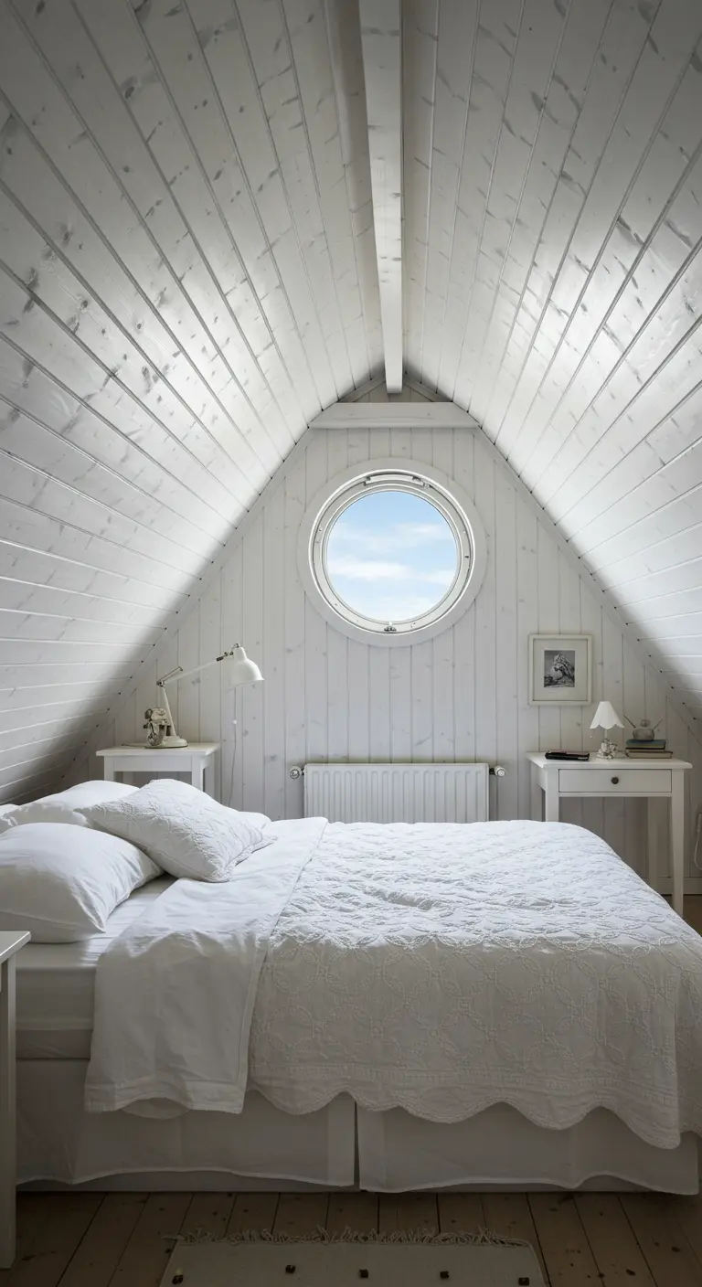 Cozy attic bedroom with white wood-paneled walls and a charming round window.