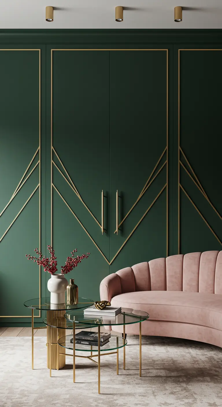 Deep green, floor-to-ceiling cabinets decorated with geometric brass inlay in an Art Deco style.