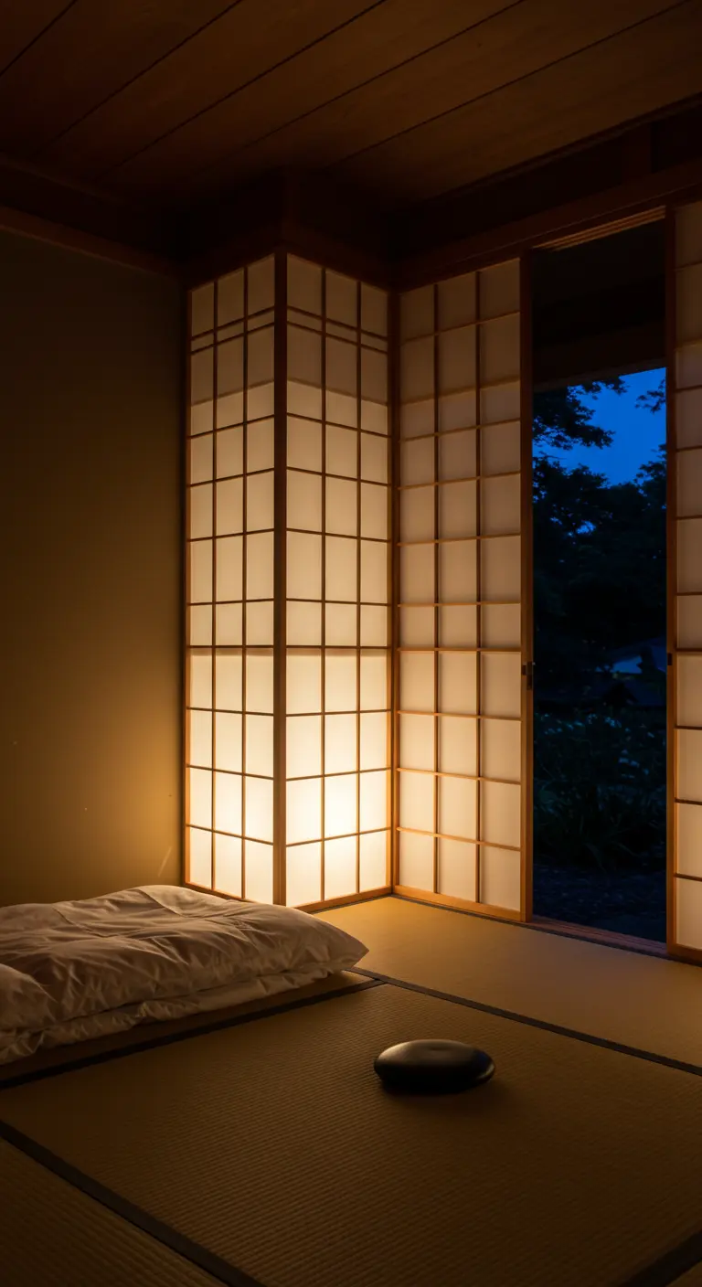 A futon on a tatami mat floor next to corner shoji screens lit from within at dusk.