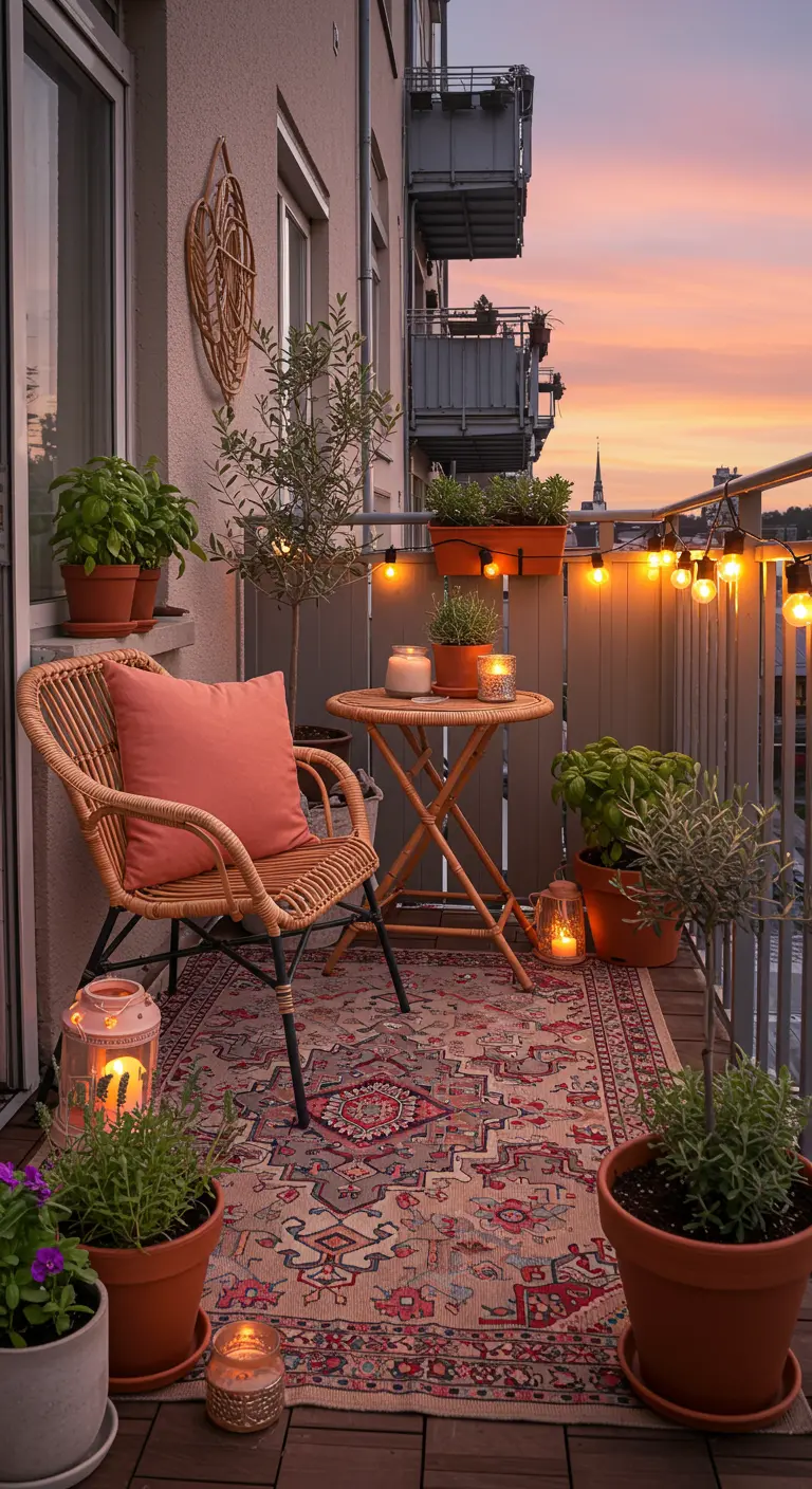 A small balcony with a patterned rug, rattan chair, string lights, and potted plants at sunset.