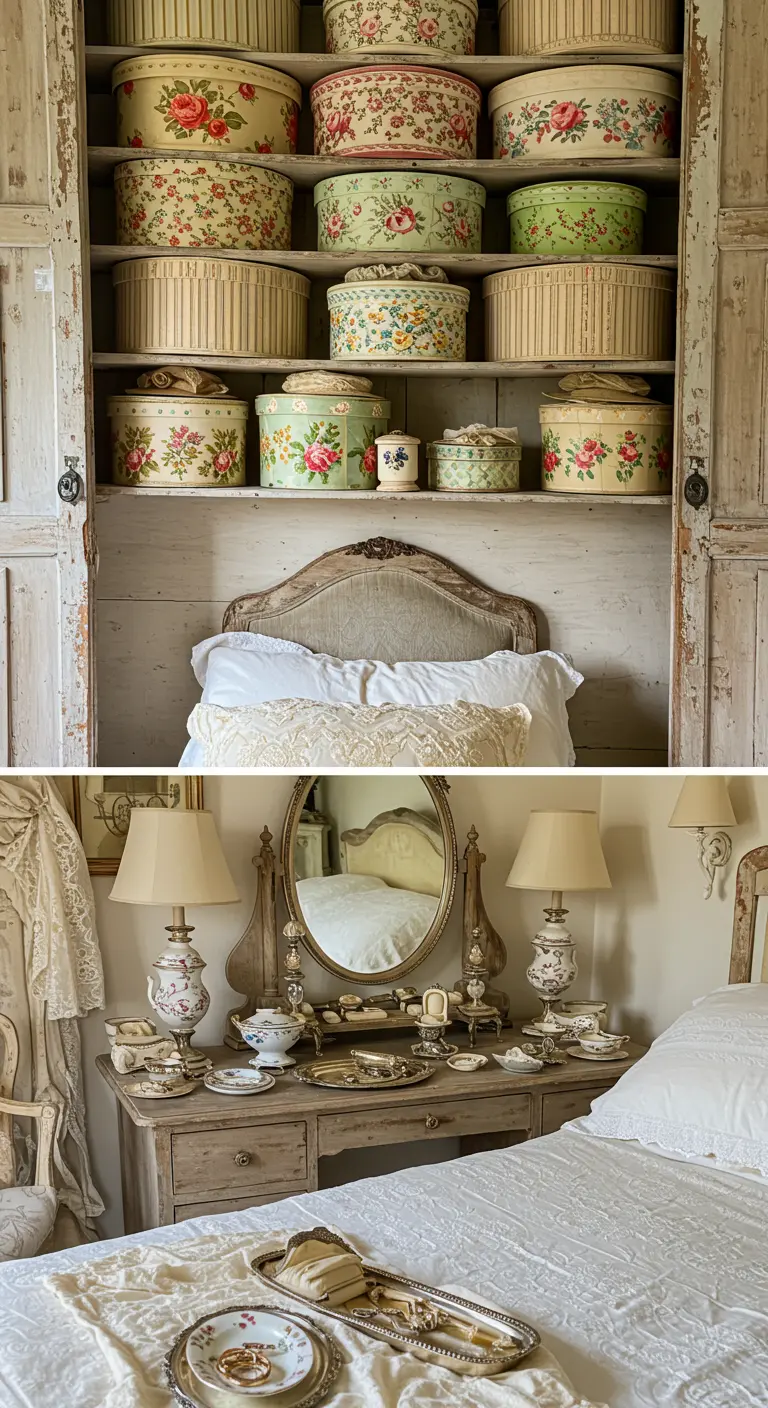 A diptych showing collections of floral hat boxes and vintage porcelain on a vanity.