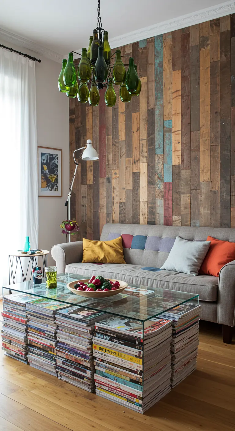A coffee table with a glass top resting on four neat stacks of magazines.