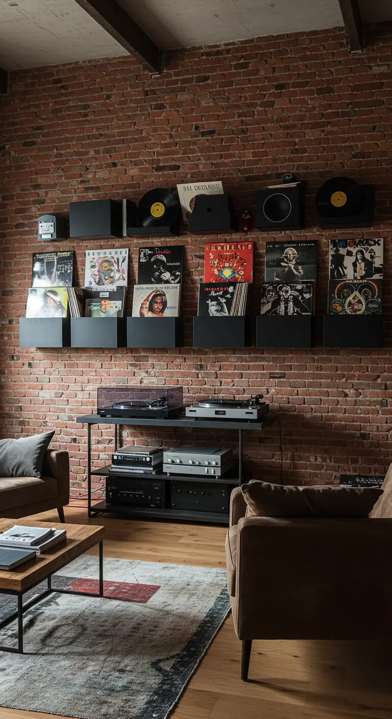 A collection of vinyl records displayed as art on slim black shelves against a brick wall.