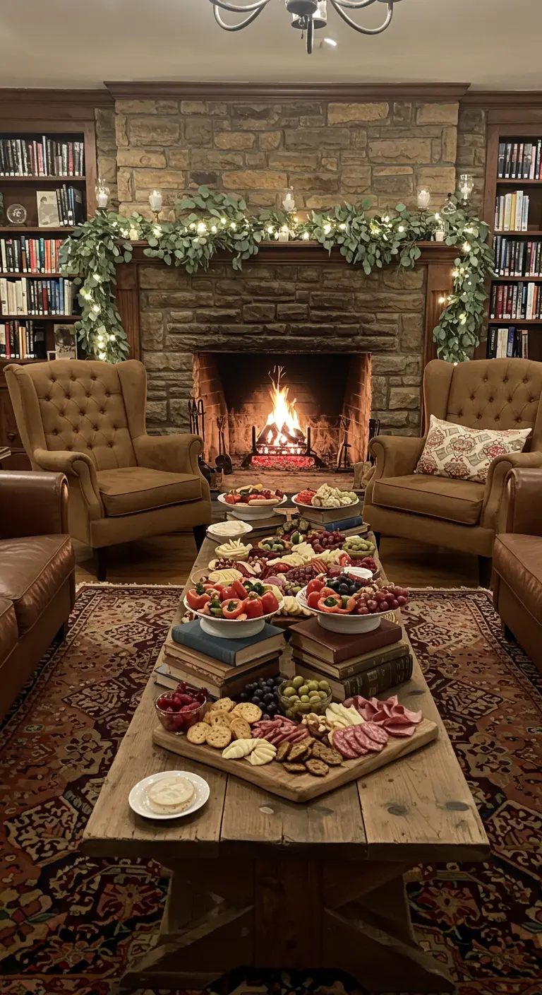 A cozy library with a fireplace, featuring a coffee table laden with charcuterie on book stacks.