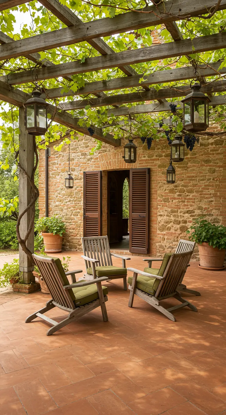 Adirondack-style chairs on a terracotta patio under a vine-covered pergola by a stone house.
