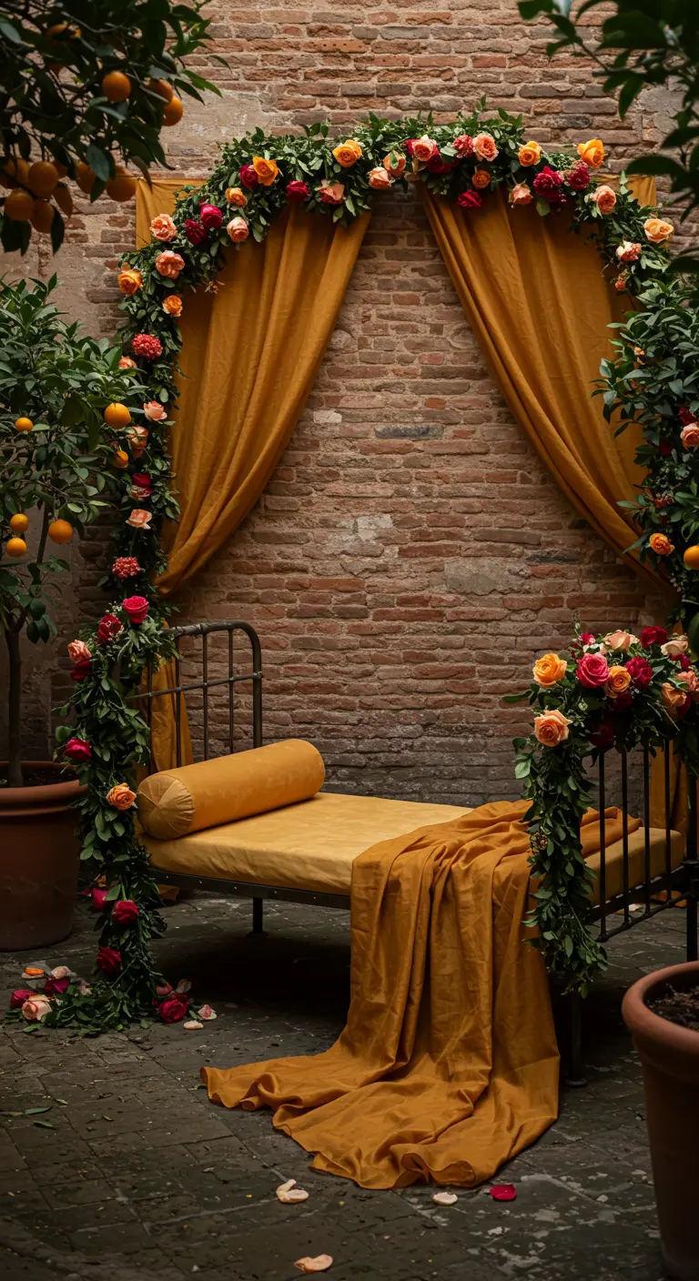 A daybed against a brick wall, draped in ochre fabric and a garland of sunset-colored roses.