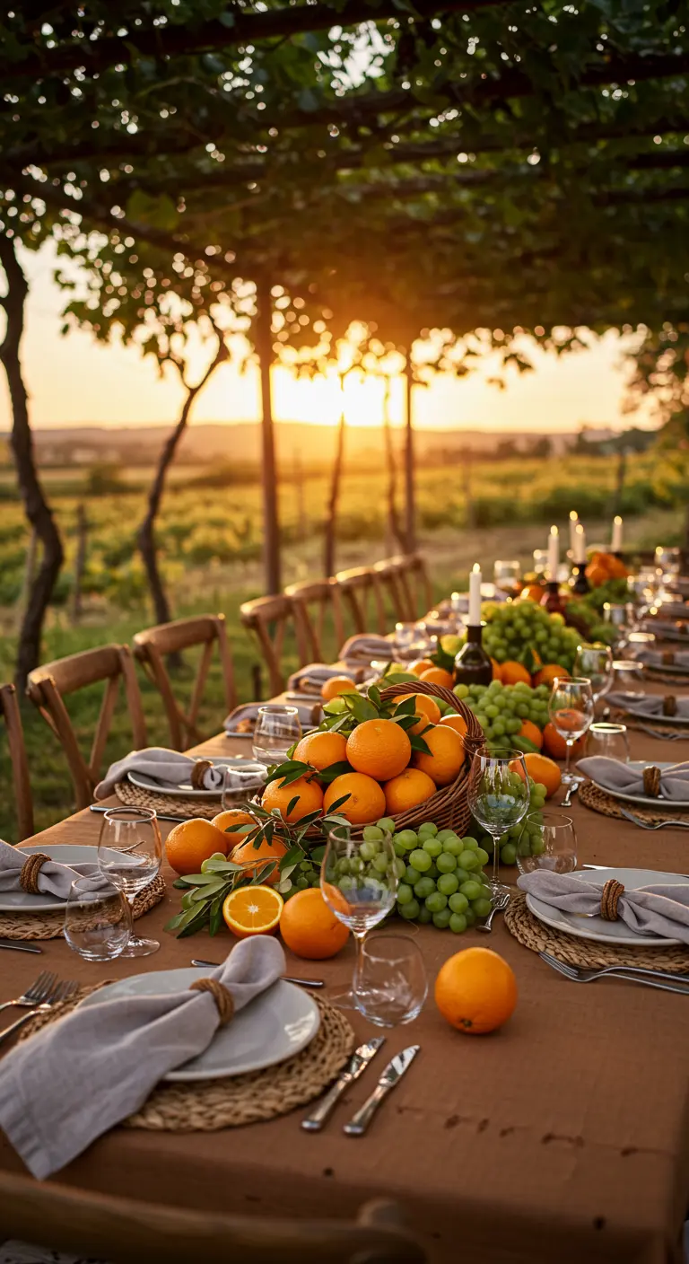 A long table in a vineyard setting with baskets of oranges and grapes.