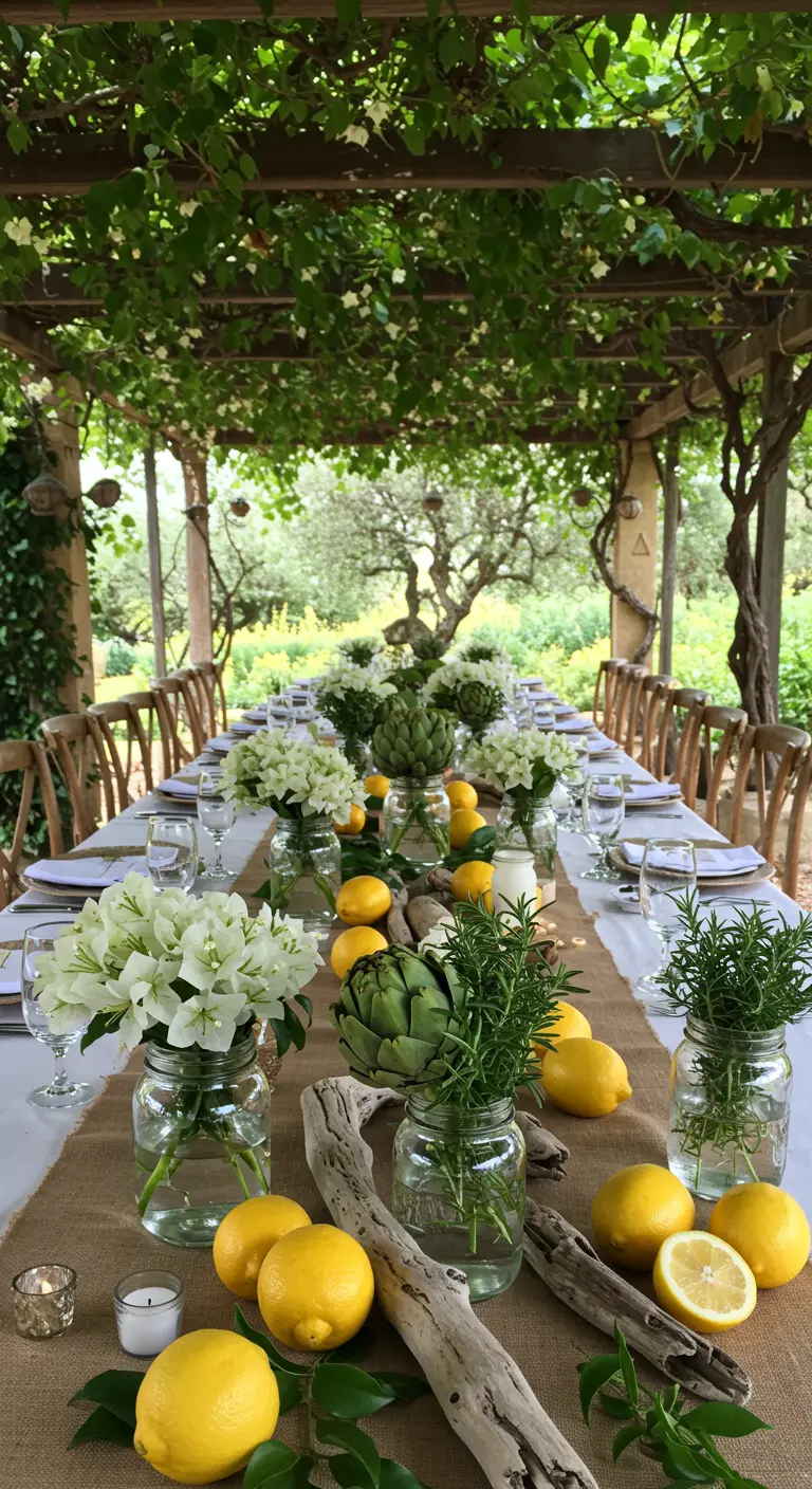 A rustic table under a pergola, decorated with lemons, artichokes, rosemary, and driftwood.