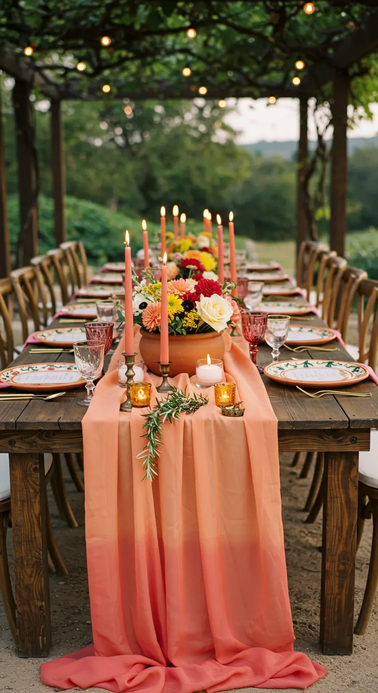 Outdoor table with a bright coral runner, terracotta pot centerpiece, and tall matching candles.