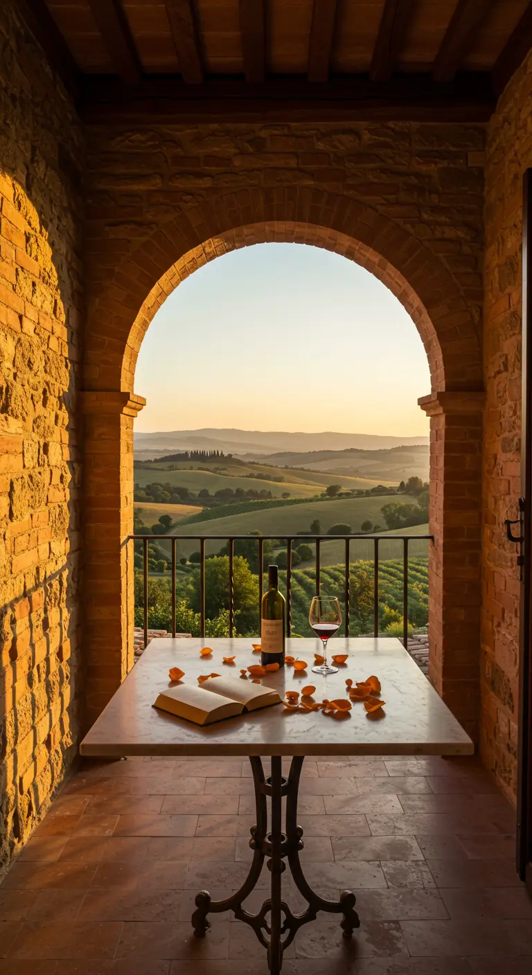 A square marble table on a Tuscan balcony with a book, wine, and a view of rolling hills.