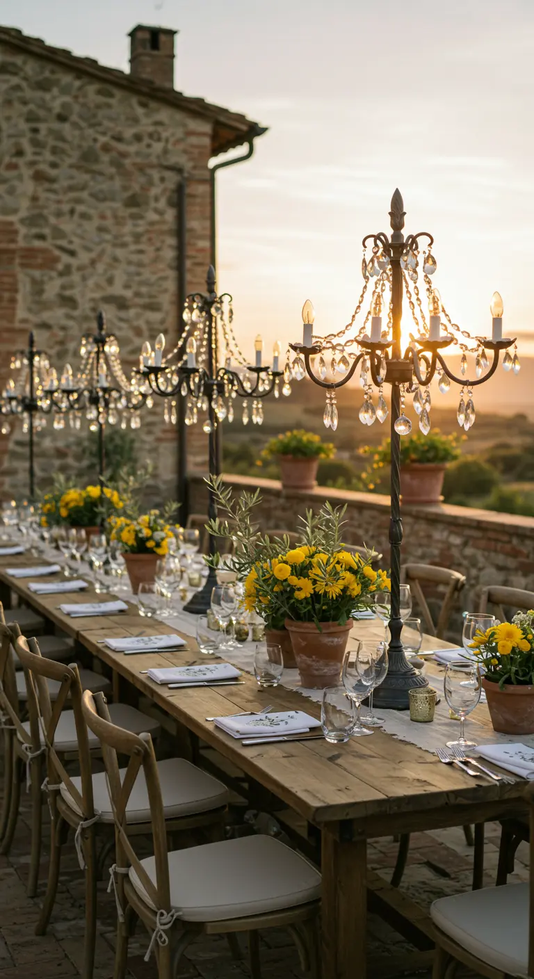 Outdoor table in Tuscany with iron candelabras and yellow flowers in terracotta pots.