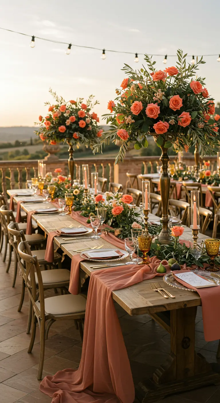 Sunset wedding table on a Tuscan terrace with coral roses and string lights.