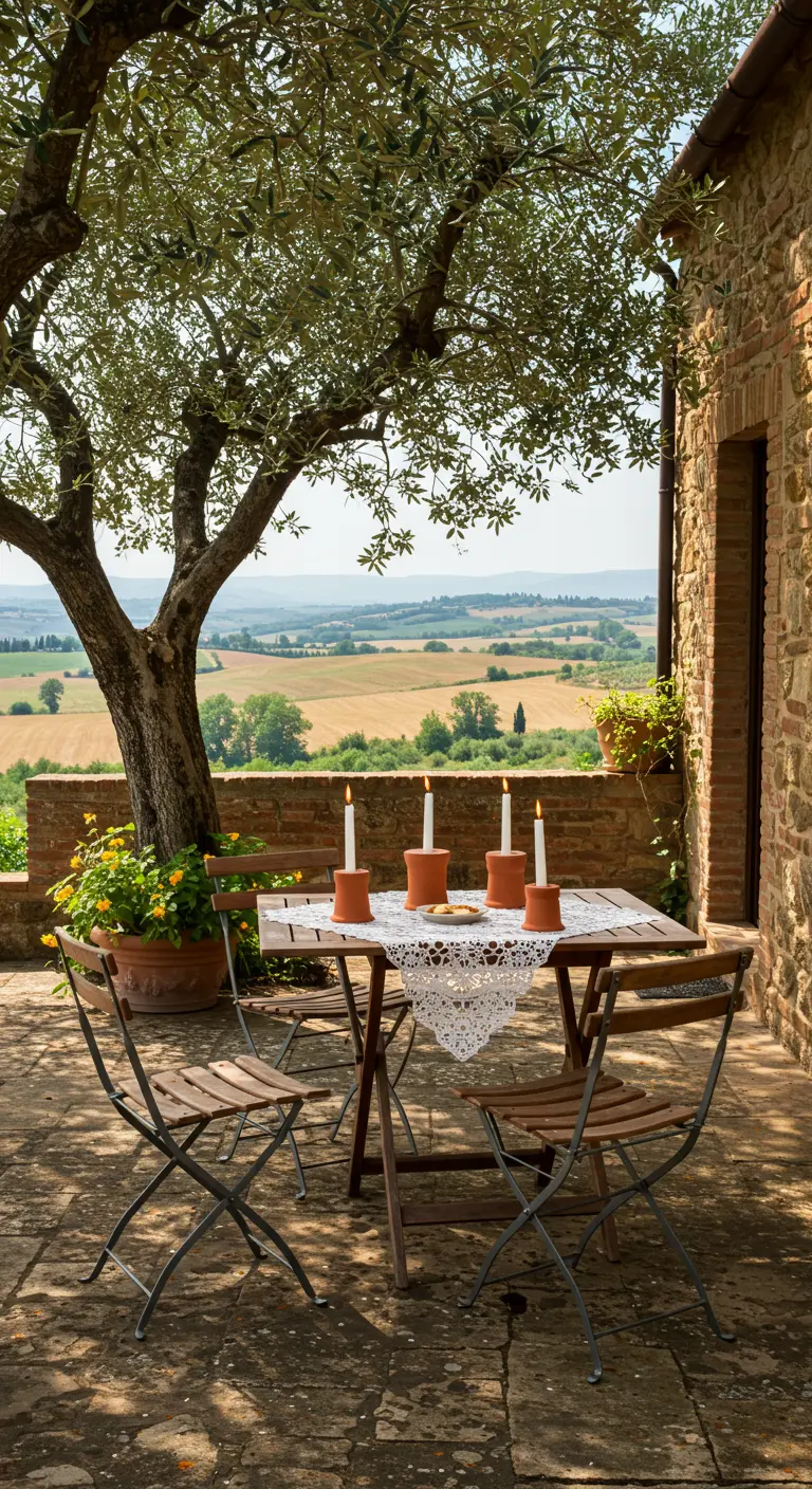 A simple wooden table on a stone patio overlooking Tuscan hills, with candles in terracotta pots.