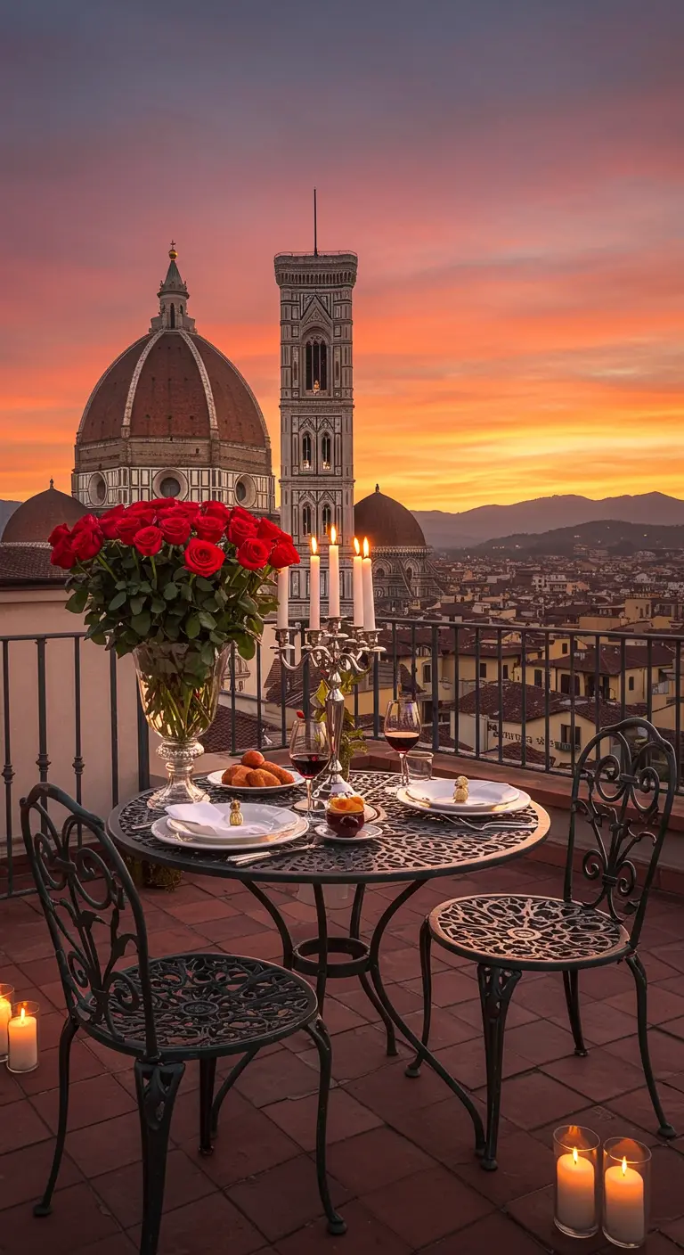 A romantic dinner table for two on a balcony overlooking Florence at sunset.