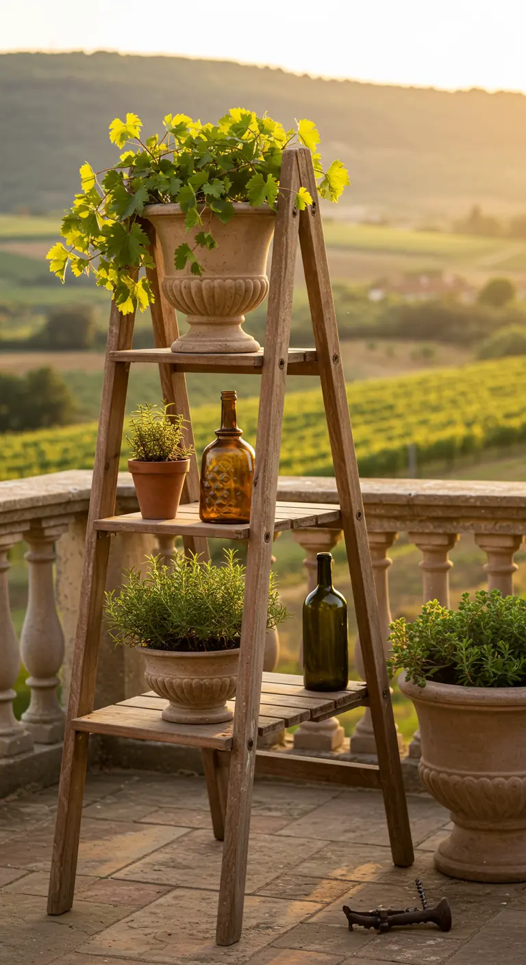 A wooden ladder on a sunny terrace overlooking a vineyard, with plants in terracotta urns.