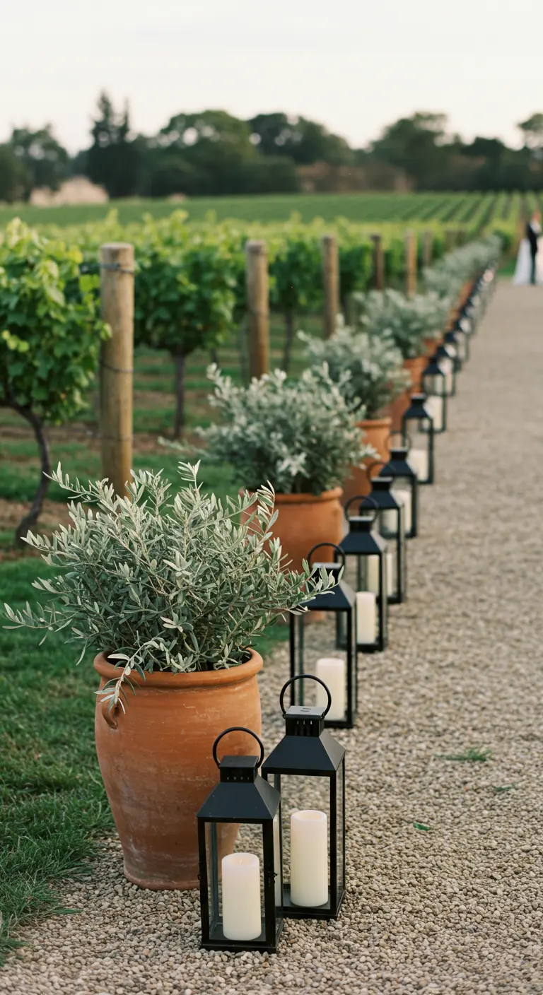 A vineyard path lined with potted olive trees and black lanterns.