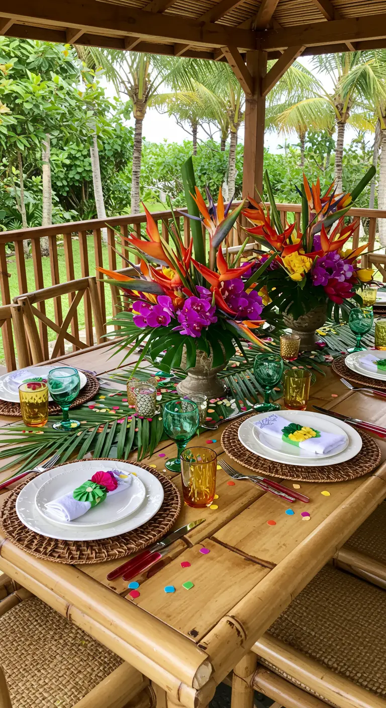 Tropical tablescape with Birds of Paradise flowers and colorful glassware.