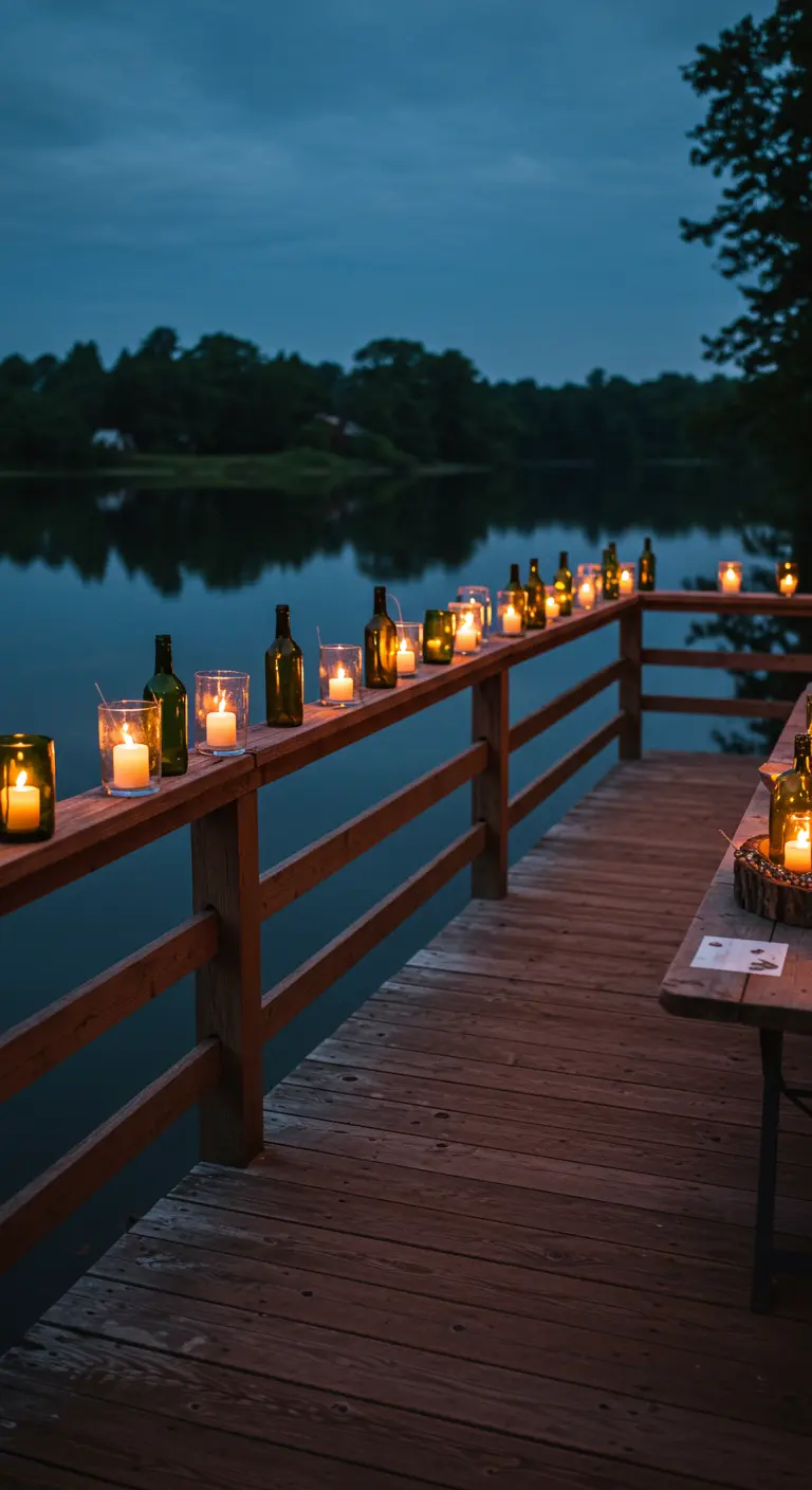 Lake-side deck railing lit by candles in upcycled wine bottles.