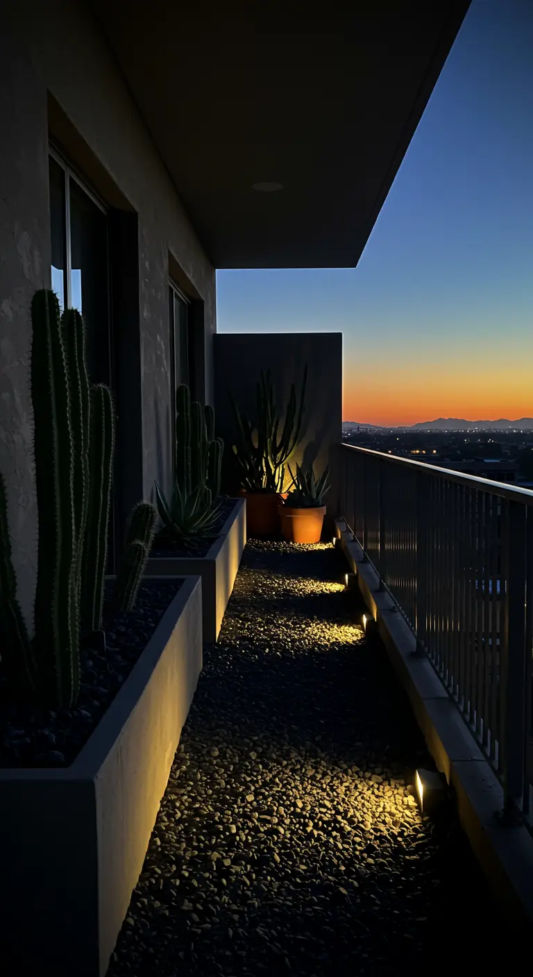 Narrow balcony at night with uplighting on cacti in a gravel bed.