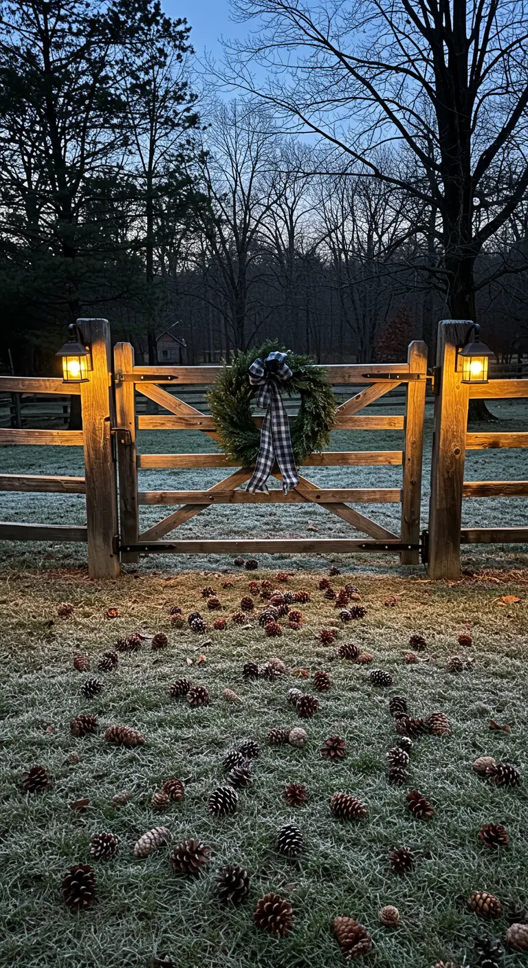 A rustic wooden gate at dusk with a wreath, lit by solar lights and surrounded by pinecones.