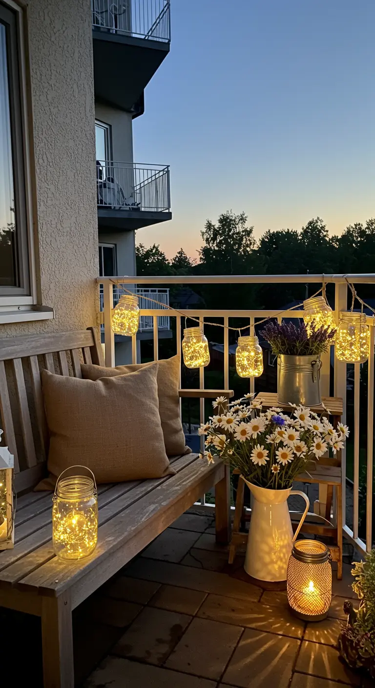 A balcony at dusk with a wooden bench, decorated with glowing mason jar lights strung along the railing.