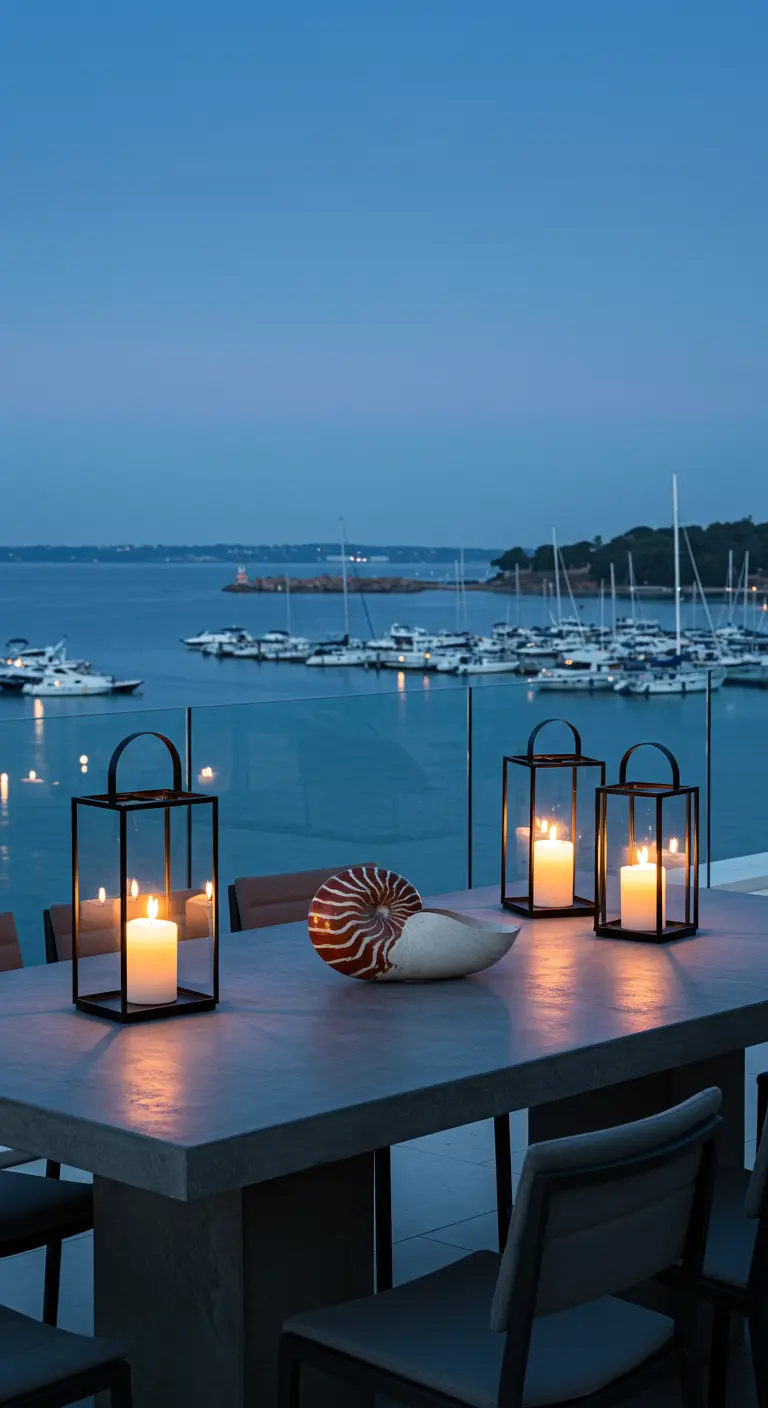 Modern concrete table with black lanterns and a nautilus shell overlooking a harbor at dusk.