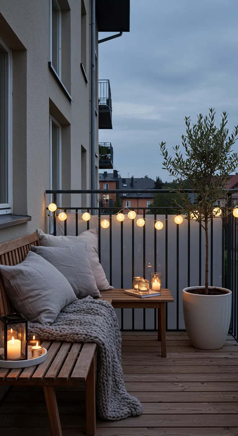 Cozy balcony with wooden bench, grey cushions, chunky knit throw, and warm string lights at dusk.