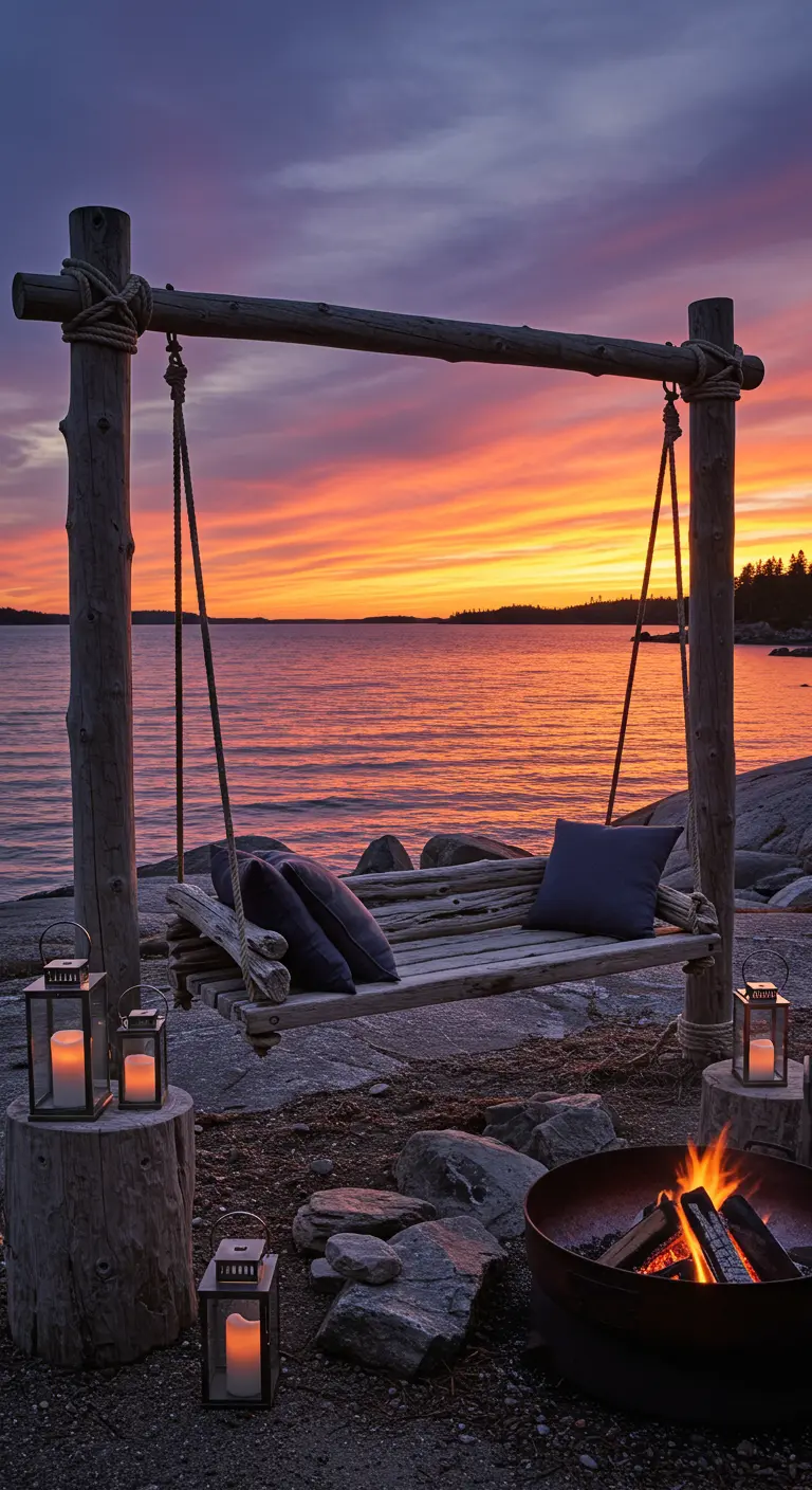 Driftwood swing bench with dark cushions, fire pit, and lanterns by a lake at sunset.