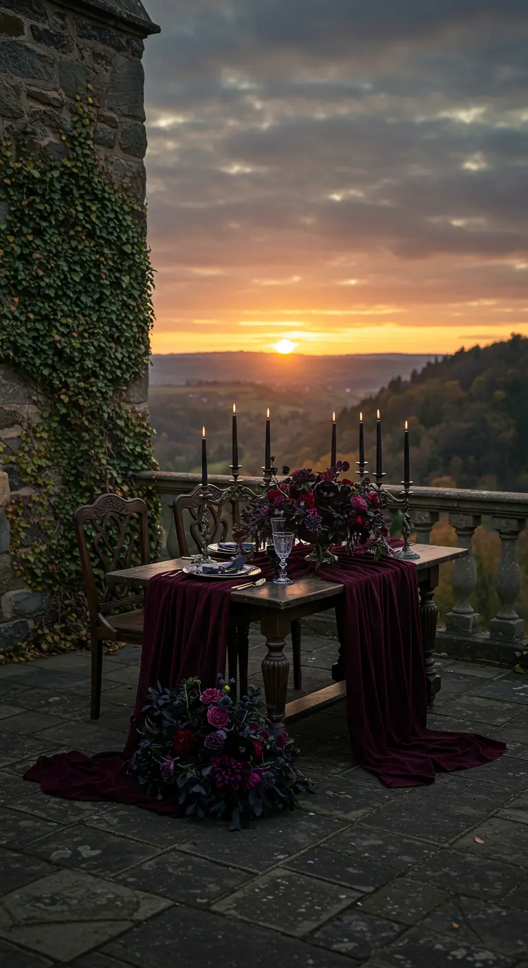 A gothic-style table on a stone balcony with a velvet runner, black candles, and dark flowers.