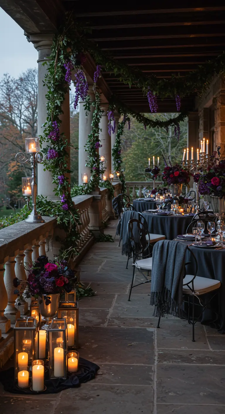 An elegant outdoor stone terrace decorated for a Halloween party with candles and dark florals.