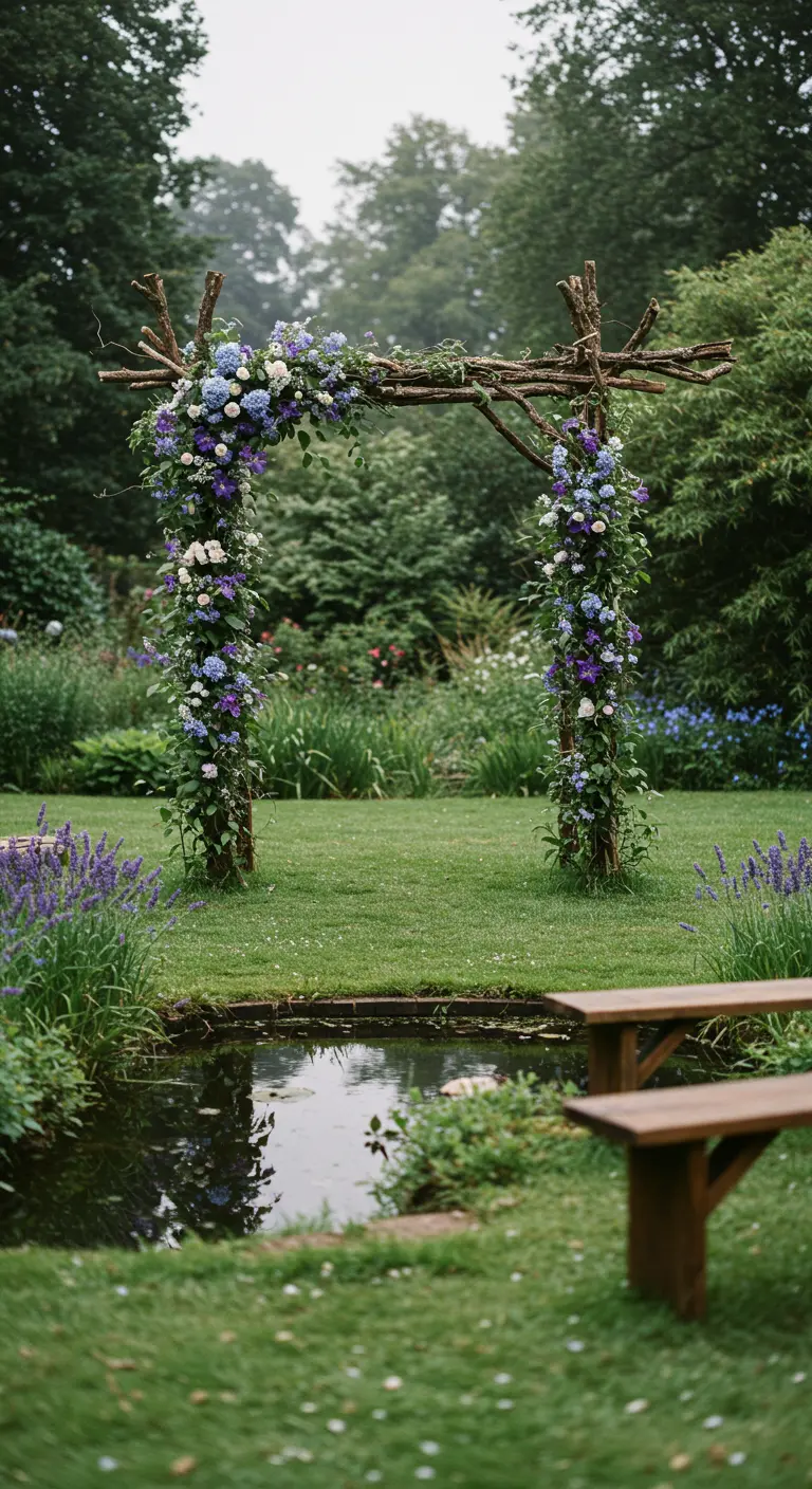 A rustic twig wedding arch by a pond, decorated with purple and blue hydrangeas.