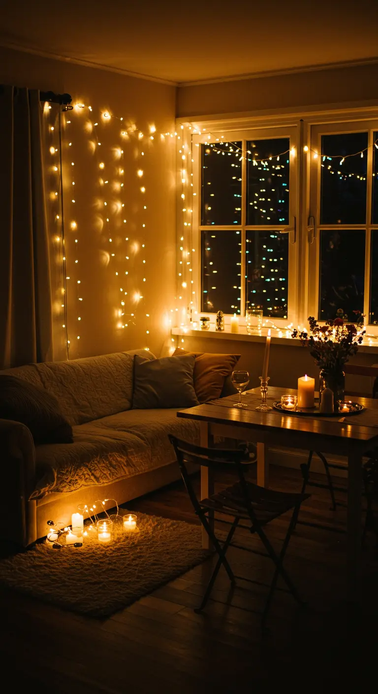 A cozy room with waterfall-style string lights and beaded curtains creating a warm glow.