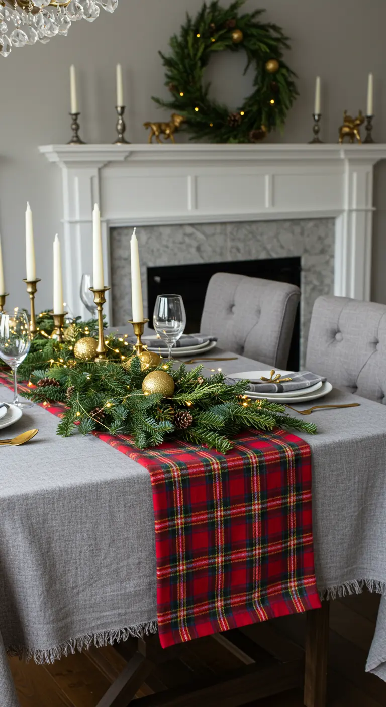 Elegant Christmas table with a grey tablecloth, plaid runner, and an evergreen garland with fairy lights.
