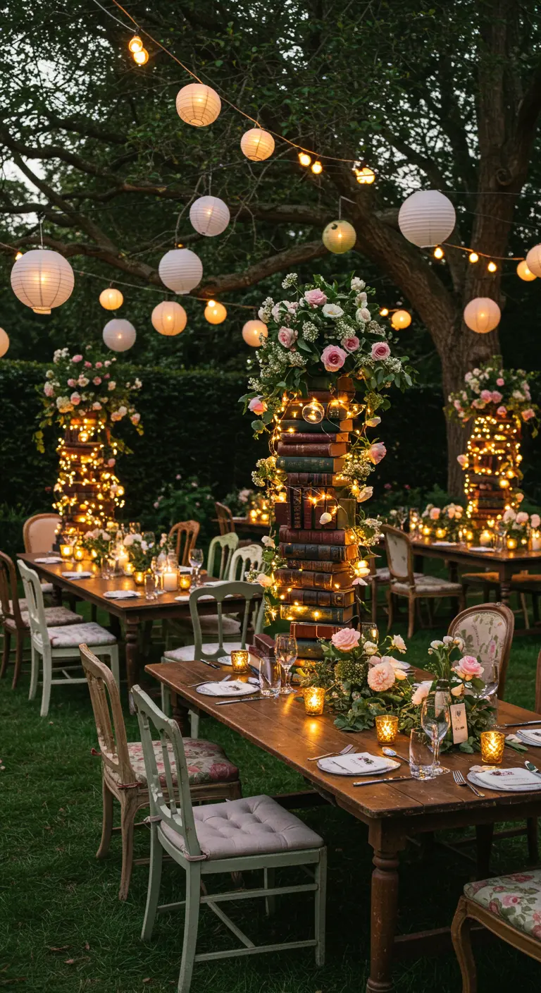 Outdoor evening party with glowing bookstack centerpieces, string lights, and paper lanterns.